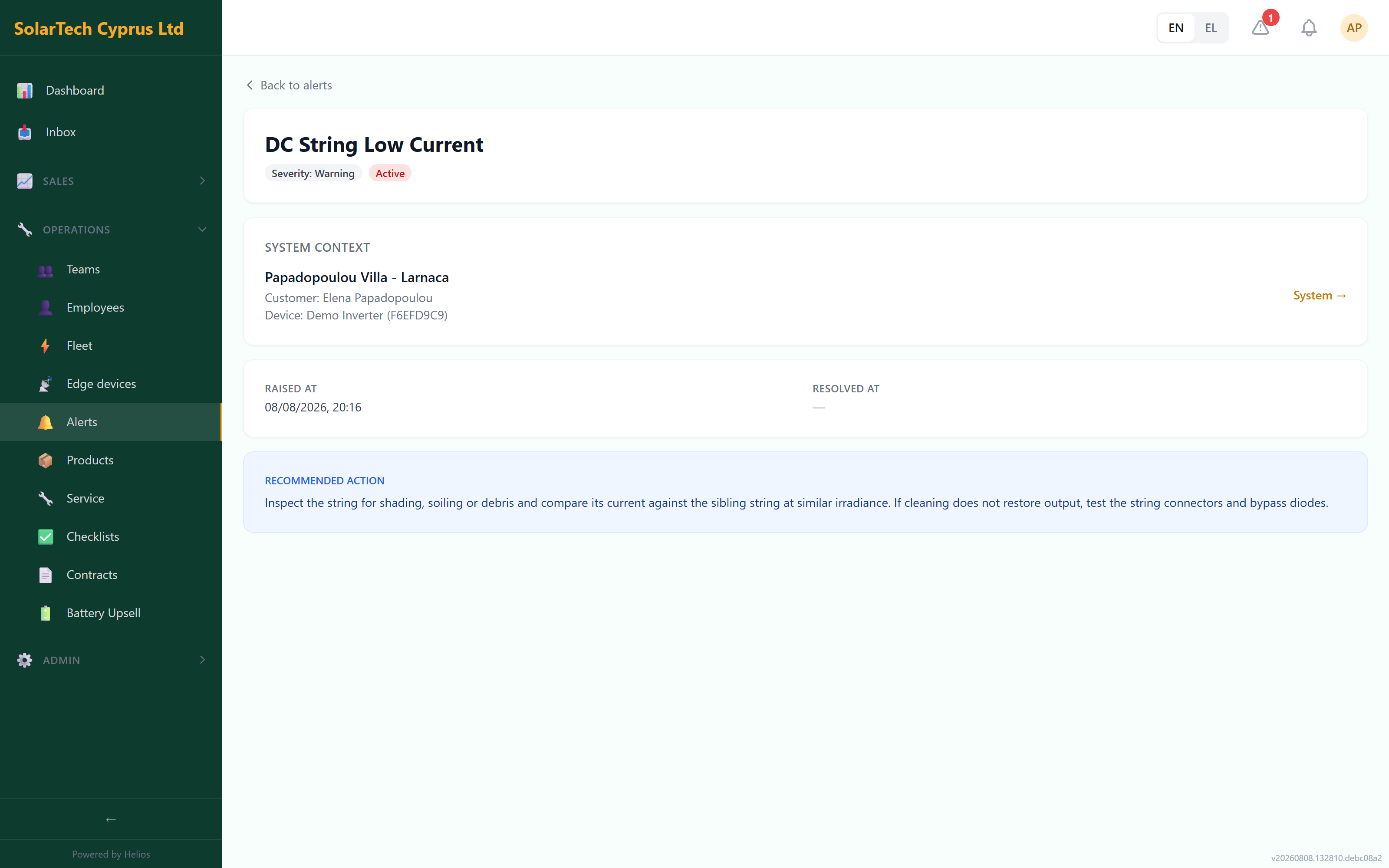 Helios alert detail: DC String Low Current warning with measured context and a plain-language repair suggestion (demo data)