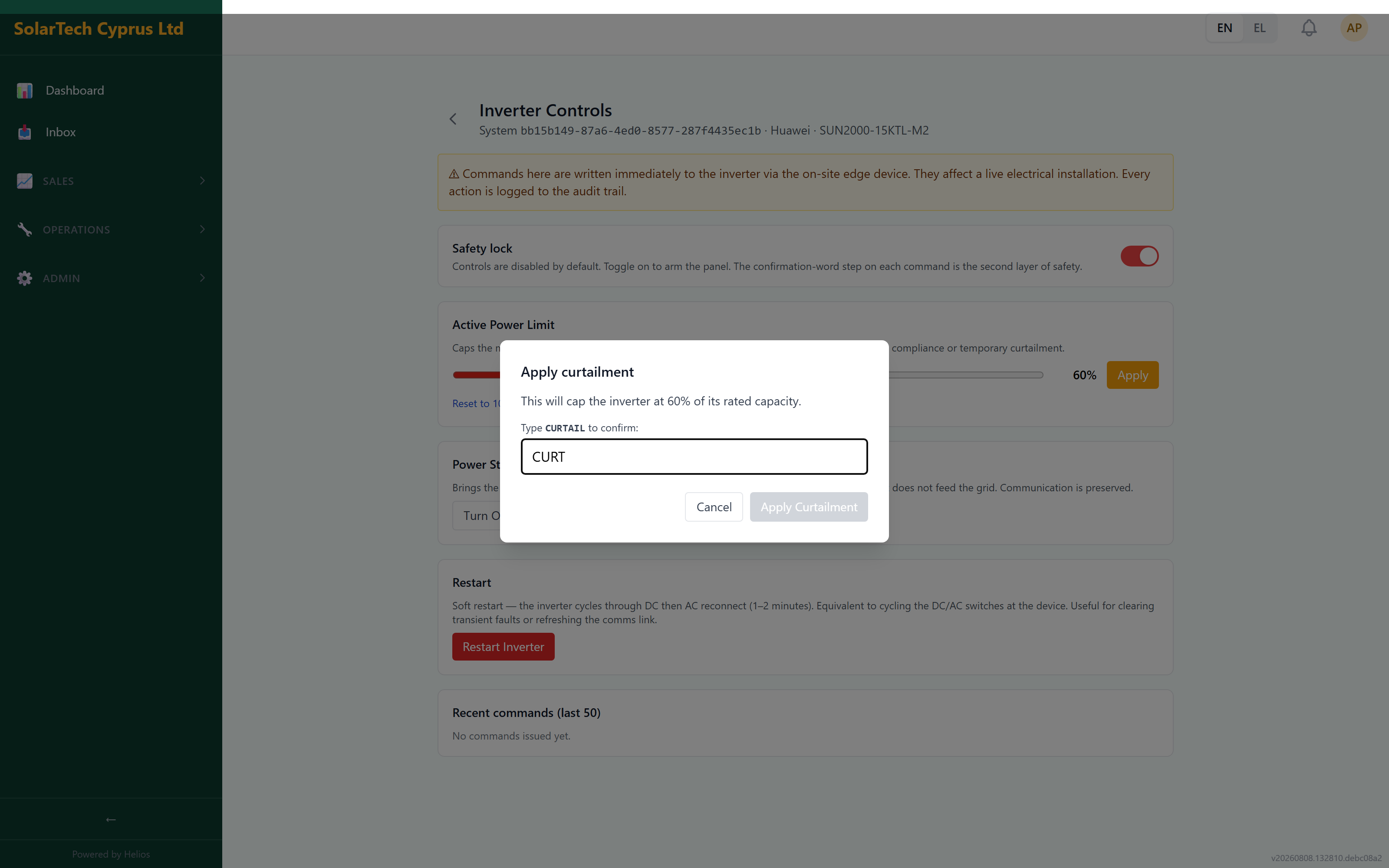 Helios inverter controls page with a confirmation dialog before a command is sent (demo data)