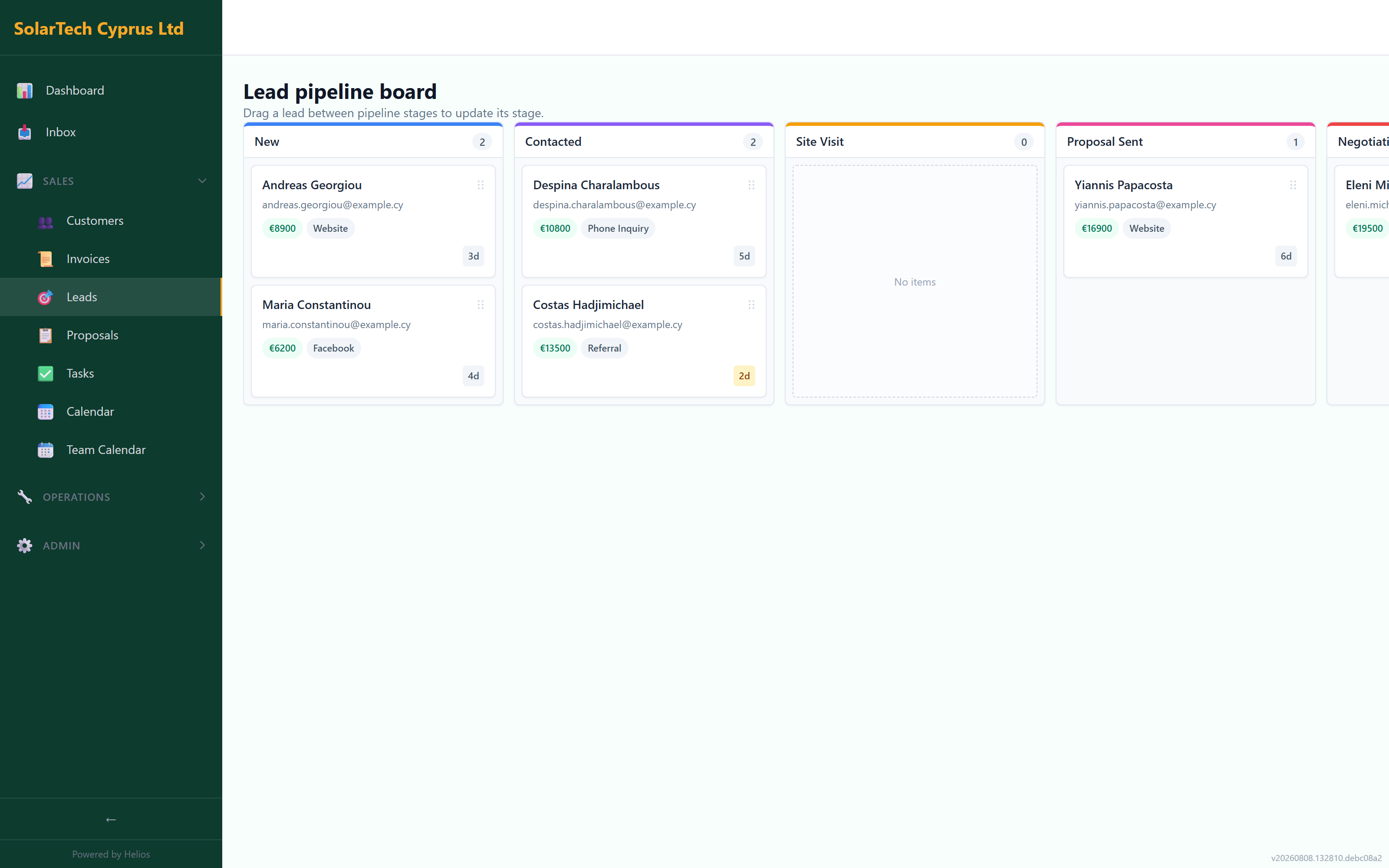 Helios leads kanban board (demo data)