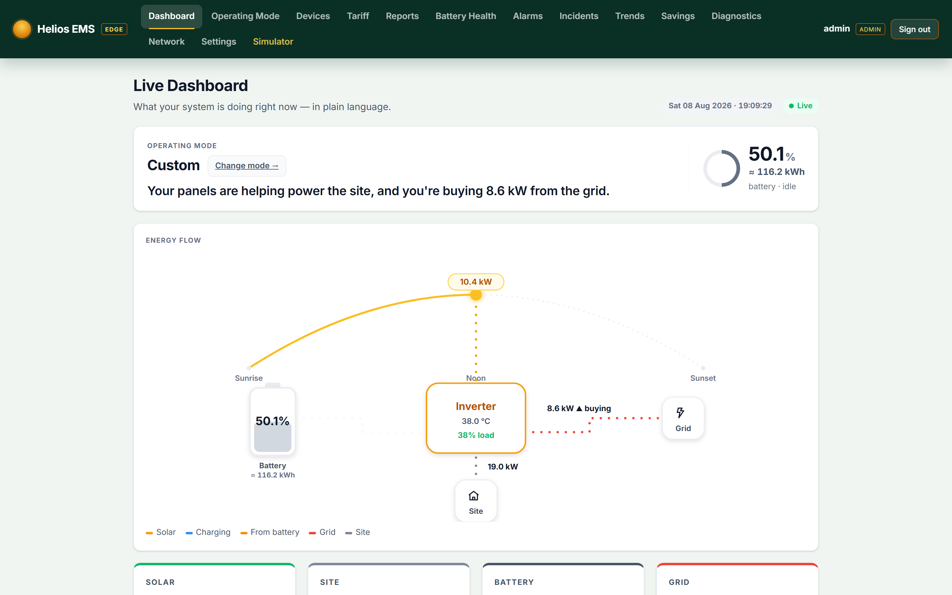 Helios EMS local dashboard with live energy flow (demo data)